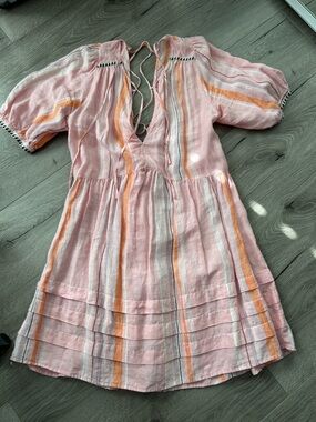 🪸EUC H&M x Lemlem 100% Linen Pink&Orange Striped Lace Up Dress.